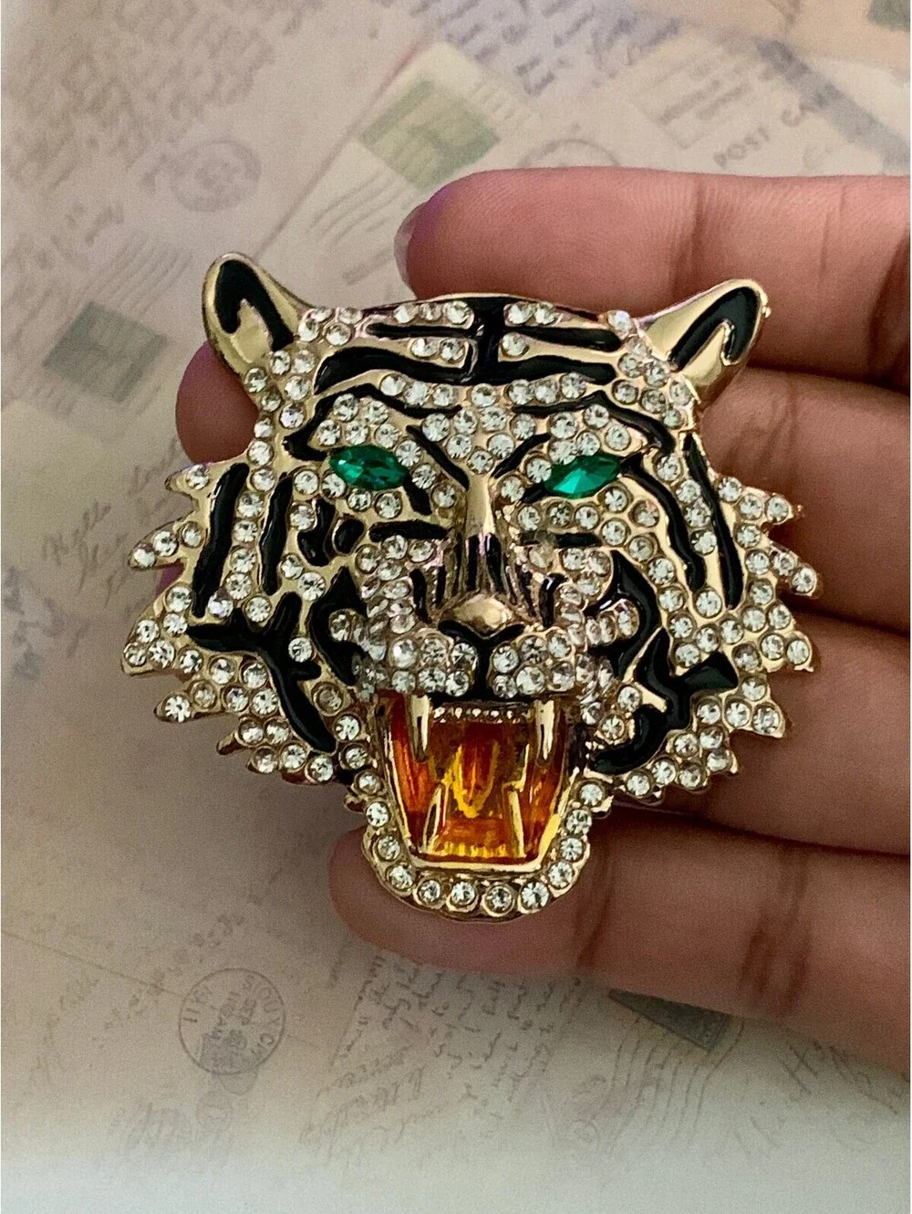 Roaring Tiger Head Brooch with Sparkling Rhinestones and Emerald Eyes